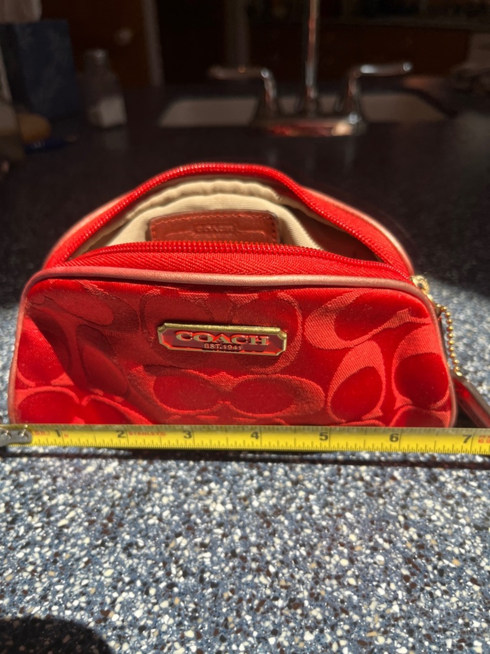 Coach Red Signature Jacquard Cosmetic Case with Gold Plaque - Picture 6 of 6